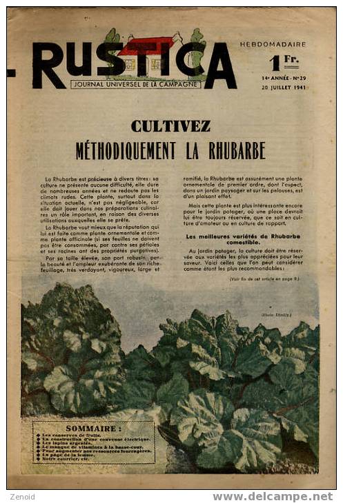 Rustica 14e Année N°29 - 20 Juillet 1941 - Cultivez La Rhubarbe - Jardinería