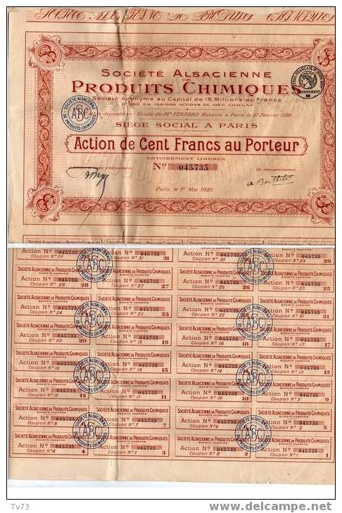 VP 007 - Action 100 Fr Société Alsacienne De Produits Chimiques 1920 - Avec Ses 32 Coupons - Industry