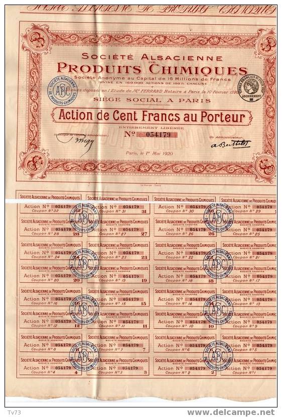 VP 008 - Action 100 Fr Société Alsacienne De Produits Chimiques 1920 - Avec Ses 32 Coupons - Industry