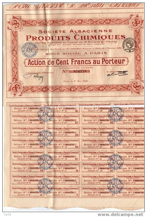 VP 009 - Action 100 Fr Société Alsacienne De Produits Chimiques 1920 - Avec Ses 32 Coupons - Industrie