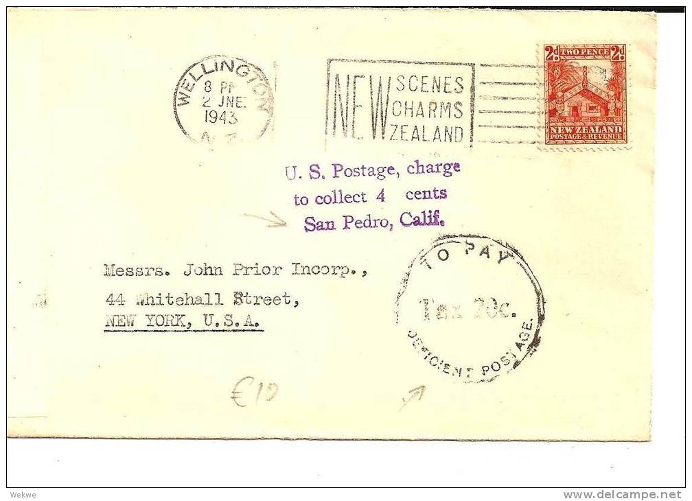 NZ014/ Zensurbrief 1943, Nachporto NZ/USA 8To Pay, 20c Tax) - Briefe U. Dokumente