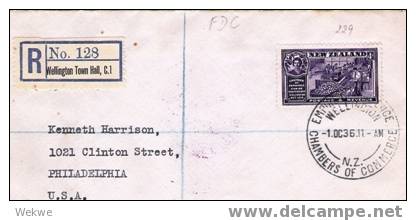 NZ017/ 1936, Sstpl. Handelskammer, FDC, Apfelindustrie, Einschreiben Wellington Town Hall C1 - Brieven En Documenten