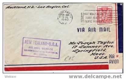 NZ030/ 1940, NZ-USA, Air Service. 4 Sh Frankatur. - Cartas & Documentos