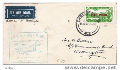 NZ031/ Erstflug  (First Flight) Hotikita - Wellington 1932, Mit Luftpostmarke, Three Pence Mit Überdruck Five Pence - Cartas & Documentos