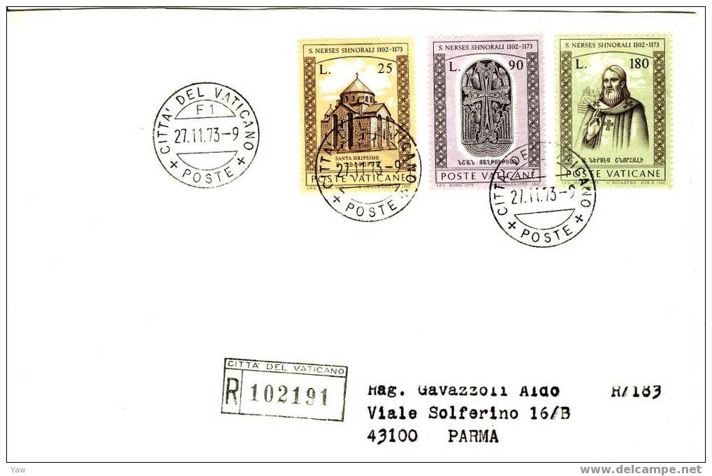 VATICANO LETTERA FDC 1973  SAN NARSETE SHNORALI. RACCOMANDATA. SERIE COMPLETA - Storia Postale