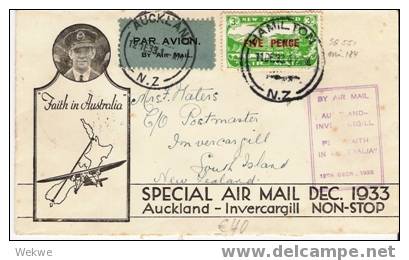 NZ044/ Air-mail Special, 1933, Mit SG 551/Mi. 184, Auckland - Invercargill - Briefe U. Dokumente