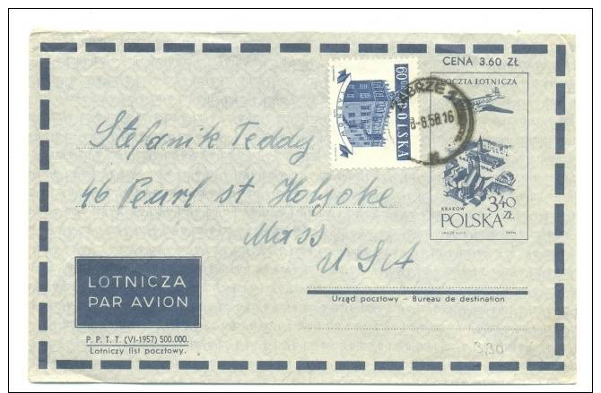 COVER * AIR LETTER * ENVELOPE * POLAND * POLOGNE * TO USA YEAR 1958 * UPRATED - Storia Postale