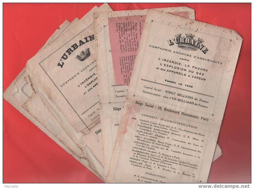 Lot De 8 Quittances De Prime D´assurance L´URBAINE Contre L´incendie De 1933 à 1940 Avec Timbres Taxe - Banco & Caja De Ahorros