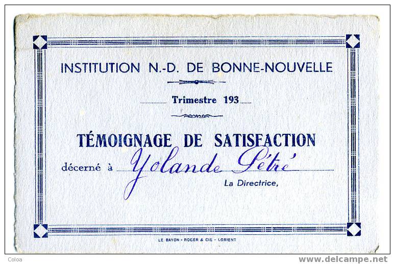 Témoignage De Satisfaction Institution N D De Bonne Nouvelle Lorient - Non Classificati