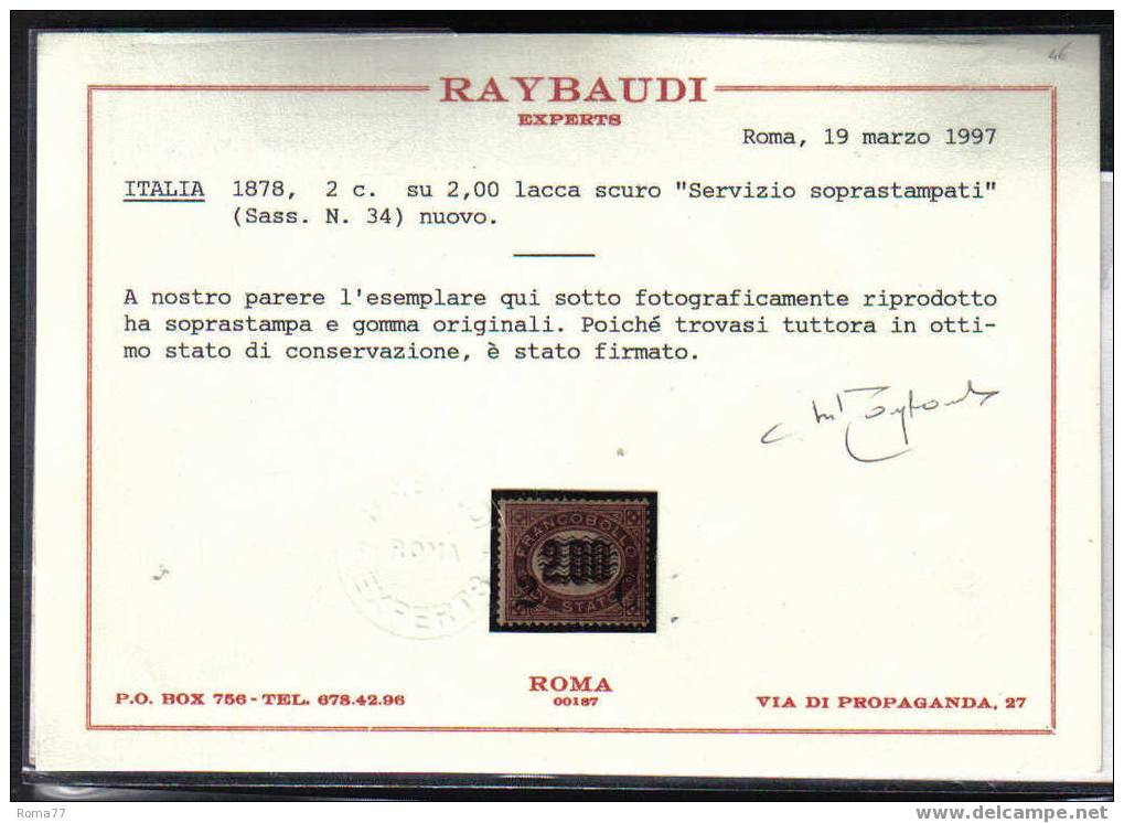 AV2C - REGNO 1878, Il 2 Su 2,00 N. 34  *   . Cert RAYBAUDI - Ongebruikt