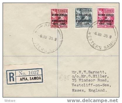 NZO023/ Silver Jubilee 1935, Auf Einschreiben  Apia Nach Westcliff On Sea,  England - Samoa (Staat)