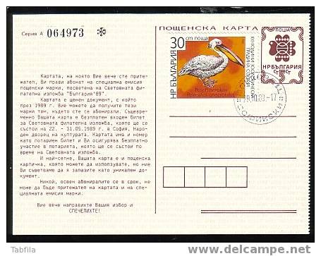BULGARIA / BULGARIE - 1987 - P.cart Avec Tim. " Pelicans 30 St." Data Cache - Pélicans