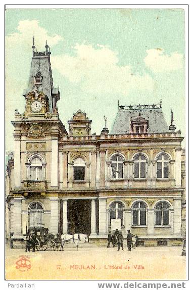 78. MEULAN. L'HÔTEL DE VILLE. GROS PLAN. FIACRE. ATTELAGE. ANIMATION. - Meulan