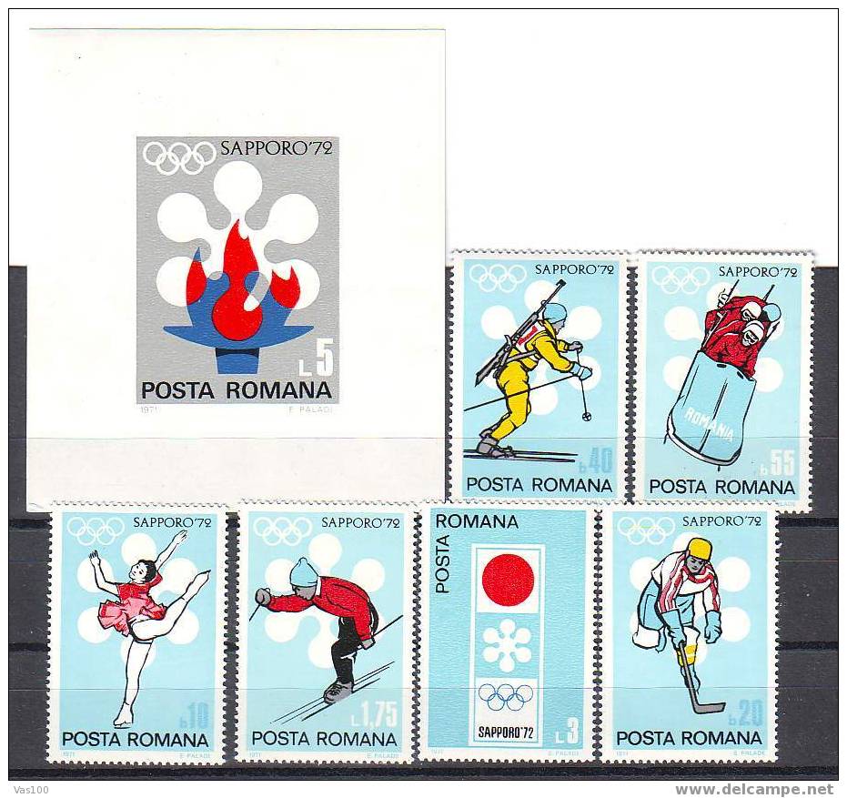 ROMANIA  1972 OLYMPIC  SAPPORO 72,Mi.2984/89 + Bl.91,MNH,OG. - Hockey (sur Glace)