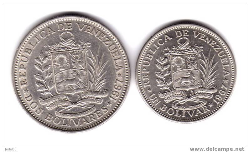 2piéces  Du Venezuela De 1967 De 1 Et 2 Bolivar - Venezuela