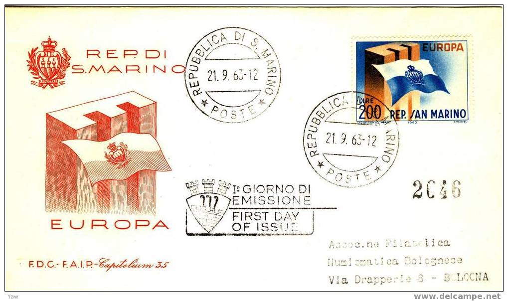 SAN MARINO FDC 1963 EUROPA. BANDIERA DI SAN MARINO. VIAGGIATA - 1963