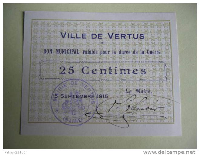 VILLE DE VERTUS 25 CENTIMES NEUF DU 15/09/1915 - Bonds & Basic Needs