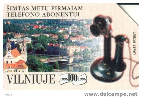 LITHUANIA 100 U  OLD TELEPHONE 1896-1996  SKYLINE OF VILNIUS EARLY CARD   SPECIAL PRICE !! - Lituanie