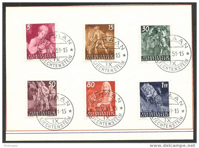 LIECHTENSTEIN, DEFINITIVES 1951, SUPERB SET USED ON CARDS! - Used Stamps