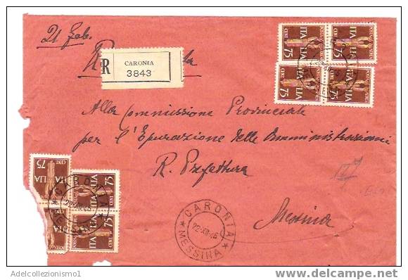 553)raccomandata Con 8x75 Cen. Imperiale Aerea Da Caronia A Messina  Il 22-12-1945 - Storia Postale