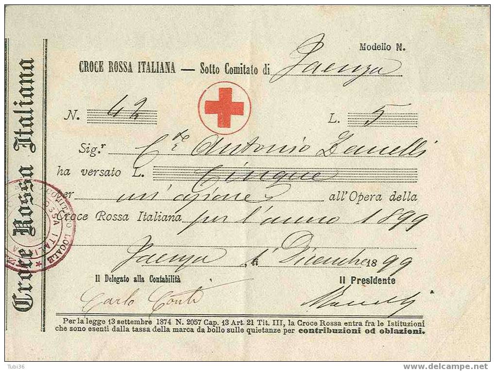 CROCE ROSSA ITALIAN - FAENZA  RICEVUTA £.5  DEL 1/12/1899 - Croix-Rouge