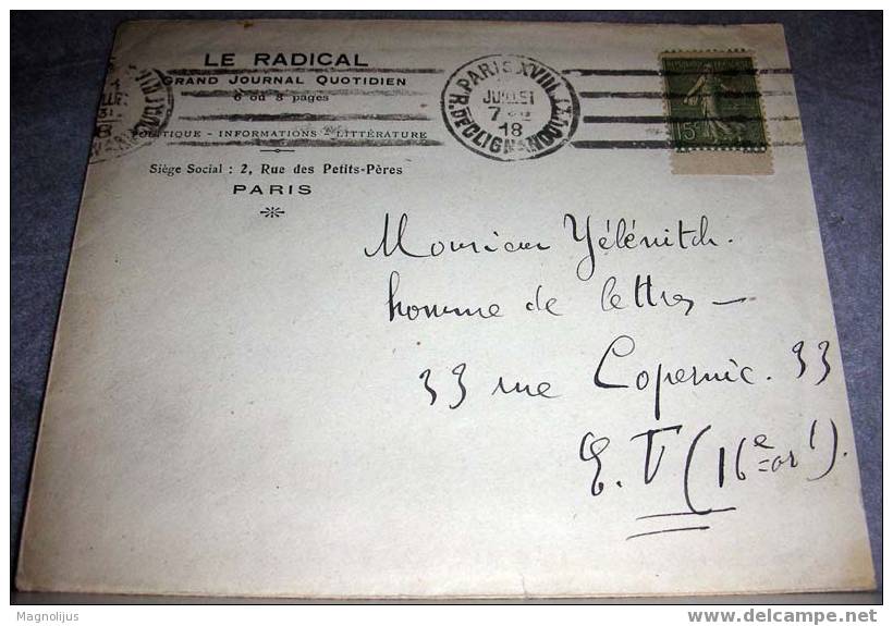 France,Memorandum,Cover,Le Radical,Newspaper,Journal ,Politics,Letter,vintage - Storia Postale