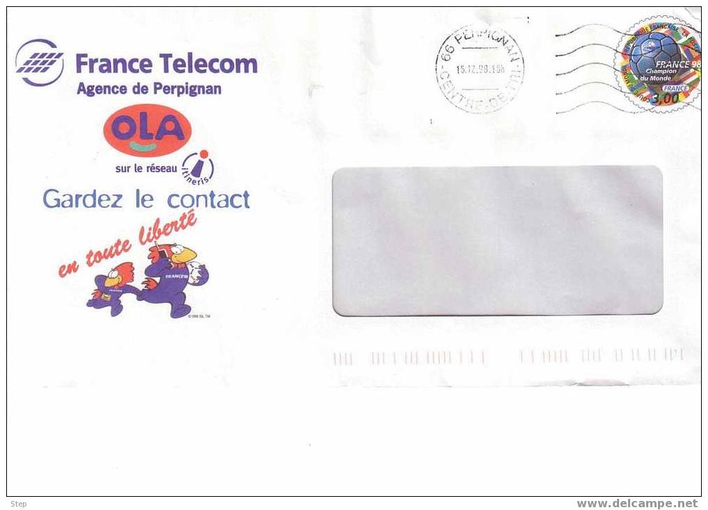 PAP TSC FRANCE TELECOM PERPIGNAN AVEC Fenêtre Timbre Rond "FRANCE 98 CHAMPION DU MONDE" - Prêts-à-poster:Stamped On Demand & Semi-official Overprinting (1995-...)