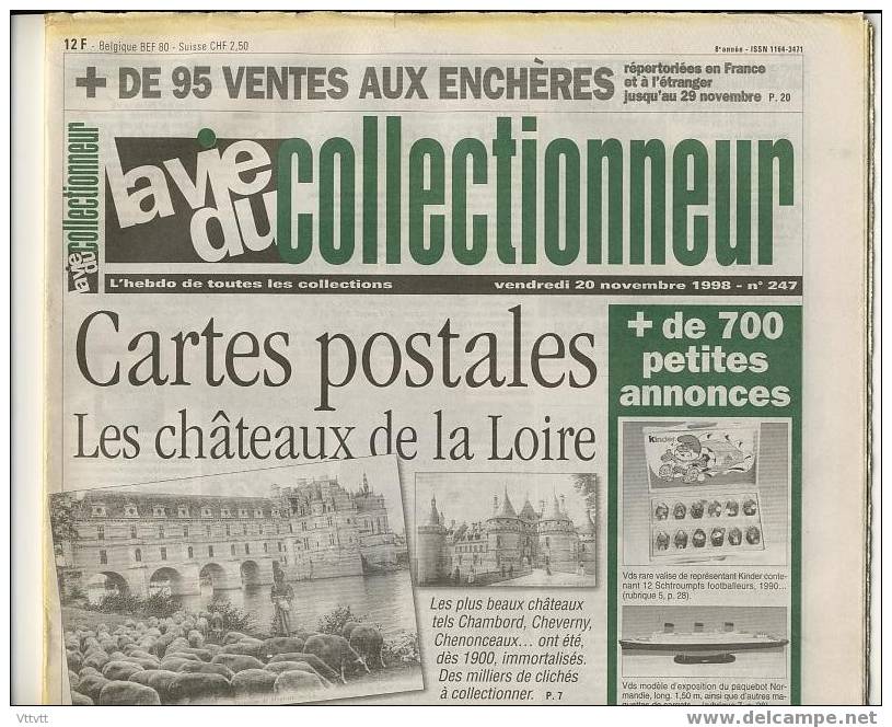 LA VIE DU COLLECTIONNEUR, N° 247, Novembre 1998 : Châteaux De La Loire En Cartes Postales, Lanternes Ferroviaires, Lion - Brocantes & Collections