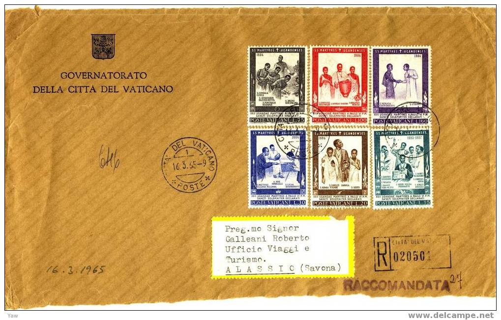 VATICANO FRAMMENTO LETTERA FDC 1963 MARTIRI DELL´UGANDA.RACCOMANDATA.SERIE COMPLETA. A Partire Da 1 € - Storia Postale