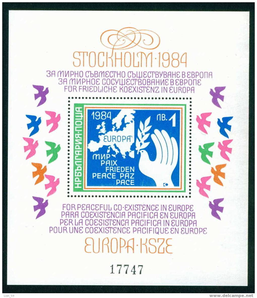 3289 Bulgaria 1984 EUROPA KVAE BLOCK  ** MNH /Hands Bird DOVE /Konferenz Uber Vertrauens- Und Sicherheitbildende - Pigeons & Columbiformes