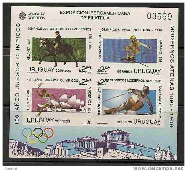 OLYMPIC GAMES - 100th ANNIV. - URUGUAY IMPERFORATE BLOCK - MINT (NH) - Yvert # 47 - HORSES - SKING - Zomer 1896: Athene