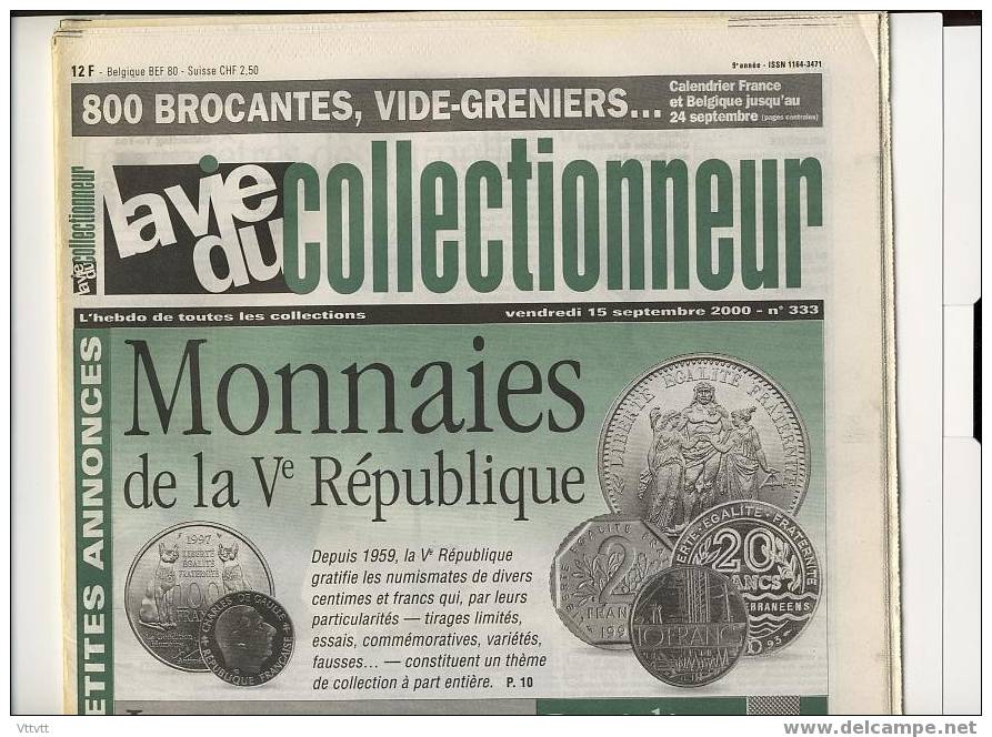 LA VIE DU COLLECTIONNEUR, N° 333, Septembre 2000 : Monnaies De La Ve République, Programmes De Spectacles, Breitling - Verzamelaars