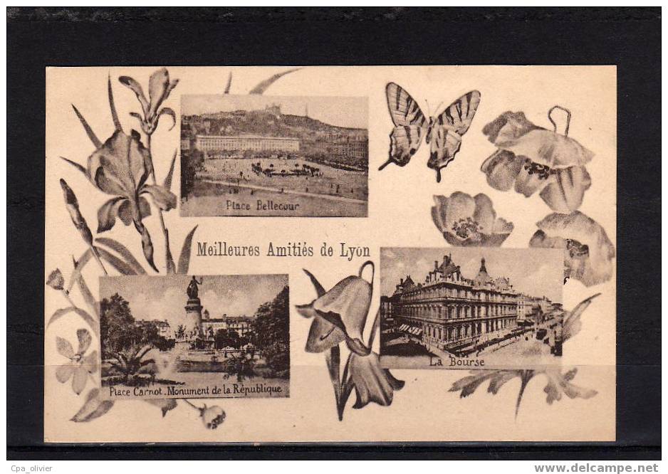 69 LYON II Fantaisie, Multivue, Meilleures Amitiés, Papillon, Fleurs, Place Bellecour, Place Carnot, Bourse, Ed BG, 1917 - Lyon 2
