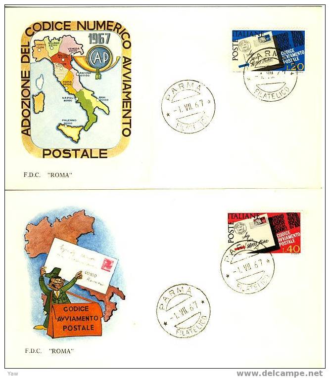 ITALIA FDC "ROMA"  1967  ADOZIONE DEL CODICE AVVIAMENTO POSTALE CAP 1° SERIE. X 2 - Code Postal