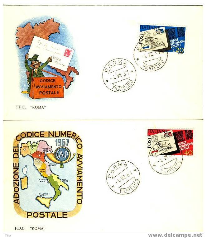 ITALIA FDC "ROMA"  1967  ADOZIONE DEL CODICE AVVIAMENTO POSTALE CAP 1° SERIE. X 2 - Code Postal