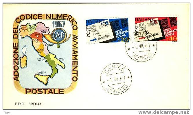 ITALIA FDC "ROMA"  1967  ADOZIONE DEL CODICE AVVIAMENTO POSTALE CAP 1° SERIE. - Codice Postale