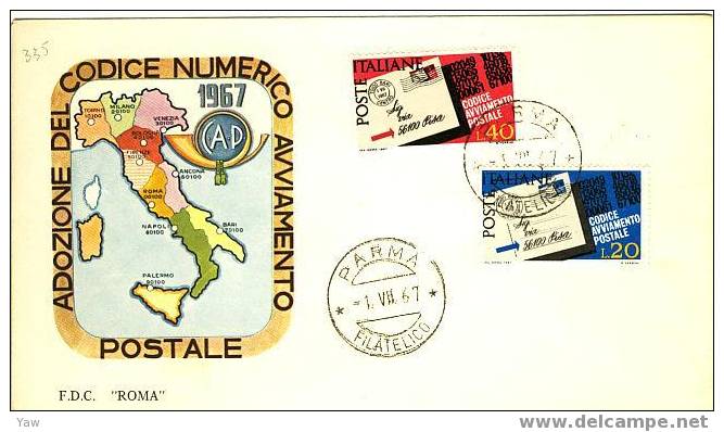 ITALIA FDC "ROMA"  1967  ADOZIONE DEL CODICE AVVIAMENTO POSTALE CAP 1° SERIE. - Code Postal