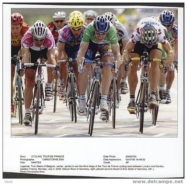 Cyclisme, Vélo, Photo-Presse : Tom Steels Et Erik Zabel (3e étape, Tour De France 2000 ), (15 Cm Sur 19 Cm) TBE - Radsport