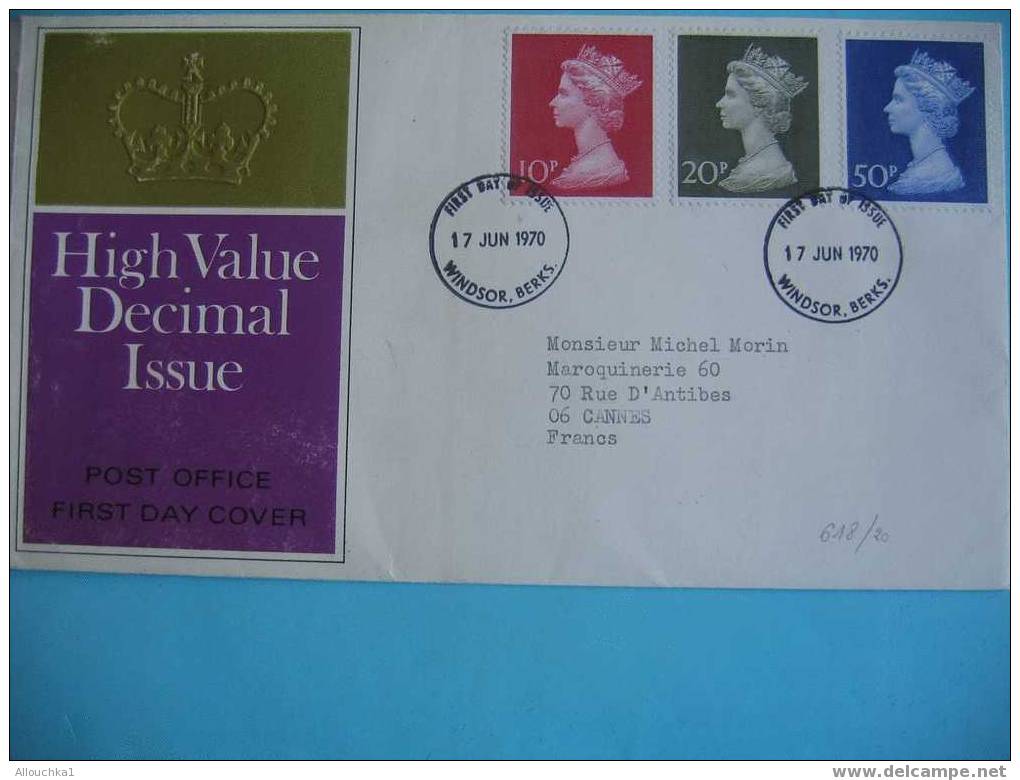 MARCOPHILIE LETTRE DE  GRANDE BRETAGNE 1ER JOUR   HIGHT VALUE DECIMAL ISSUE FIRST DAY COVER1970 - Postmark Collection