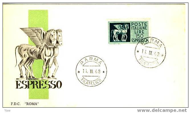ITALIA FDC "ROMA"  1968  SERIE ESPRESSO "CAVALLI ALATI" 1 VALORE DA 150 £ - Poste Exprèsse/pneumatique