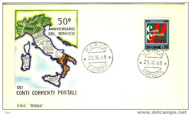 ITALIA FDC "ROMA"  1968  CINQUANTESIMO ANNIVERSARIO CONTI CORRENTI POSTALI - Altri & Non Classificati