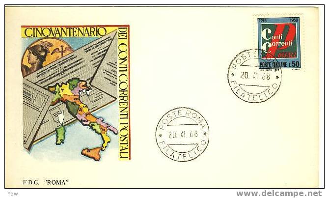 ITALIA FDC "ROMA"  1968  CINQUANTESIMO ANNIVERSARIO CONTI CORRENTI POSTALI - Altri & Non Classificati