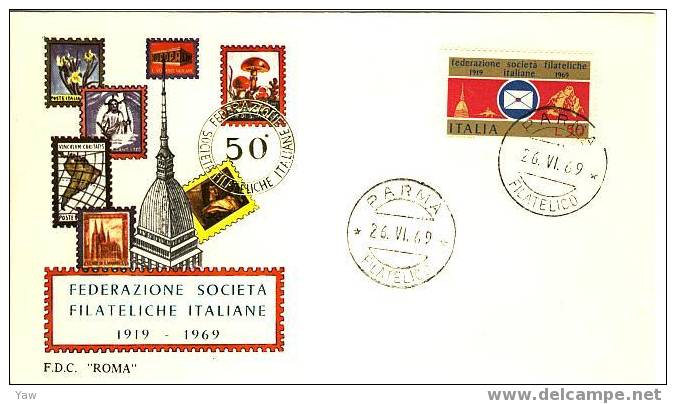 ITALIA FDC "ROMA"  1969  FEDERAZIONE SOCIETA' FILATELICHE ITALIANE. CINQUANTESIMO 1919 - Altri & Non Classificati