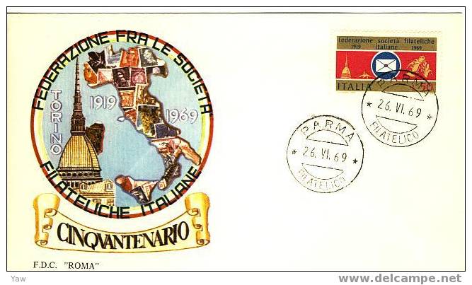 ITALIA FDC "ROMA"  1969  FEDERAZIONE SOCIETA´ FILATELICHE ITALIANE. CINQUANTESIMO 1919 - Altri & Non Classificati