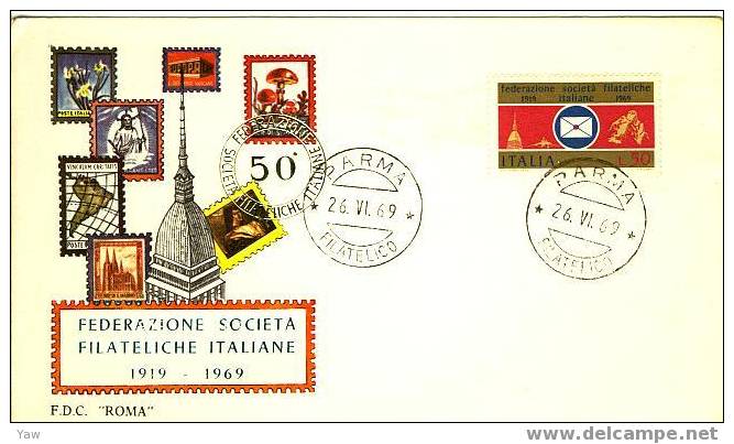 ITALIA FDC "ROMA"  1969  FEDERAZIONE SOCIETA´ FILATELICHE ITALIANE. CINQUANTESIMO 1919 - Altri & Non Classificati