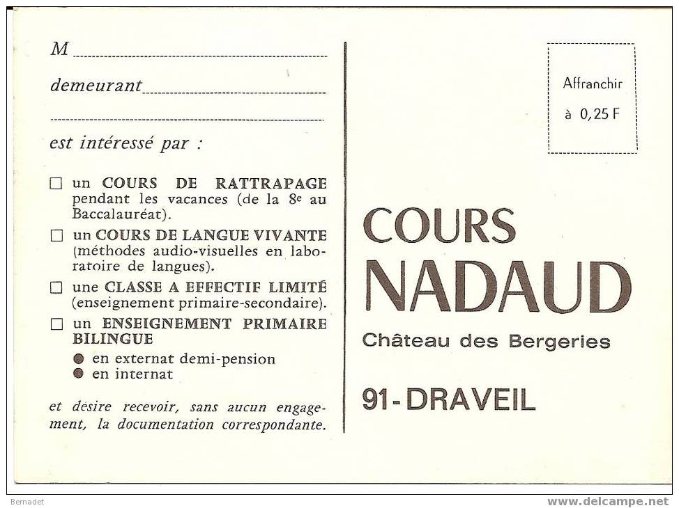 COURS NADAUD...CHATEAU DES BERGERIES....carte Postale Publicitaire - Draveil