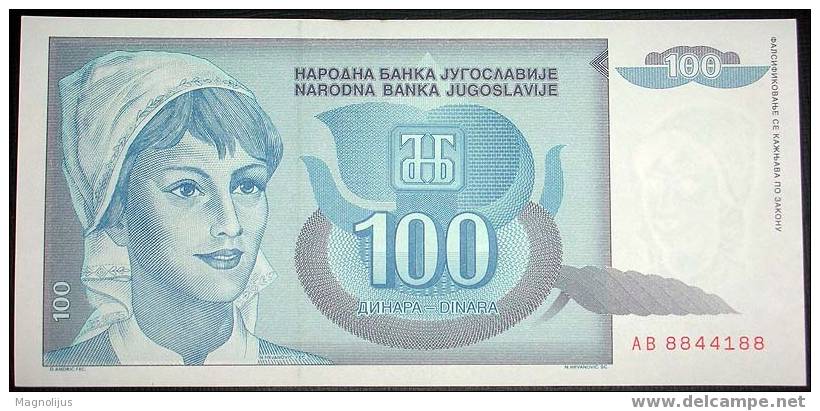 Yugoslavia,Banknote,Paper Money,Inflation,100 Dinars,1992. - Yougoslavie