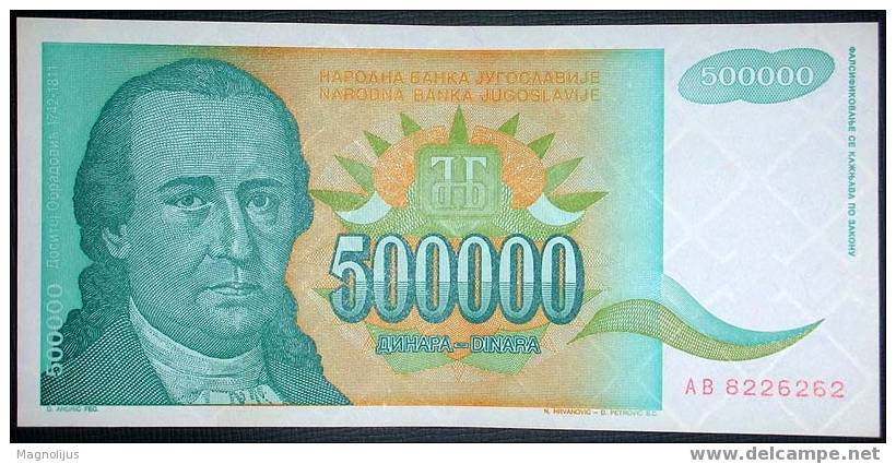 Yugoslavia,Banknote,Paper Money,Inflation,500.000 Dinars,1993. - Yugoslavia