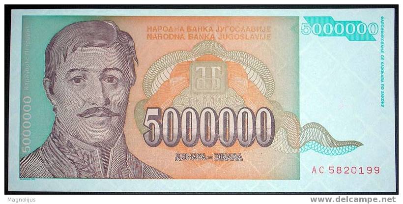 Yugoslavia,Banknote,Paper Money,Inflation,5.000.000 Dinars,1993. - Yugoslavia