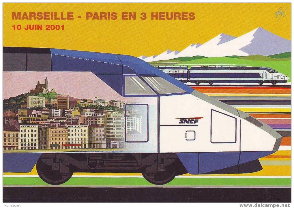 SUPERBE CPM...ILLUSTRATEUR...MARSEILLE - PARIS EN 3 HEURES AVEC LE T.G.V MEDITERRANEE... - Autres & Non Classés